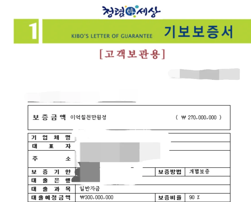 기술보증기금 2억 7천만원 보증 실적